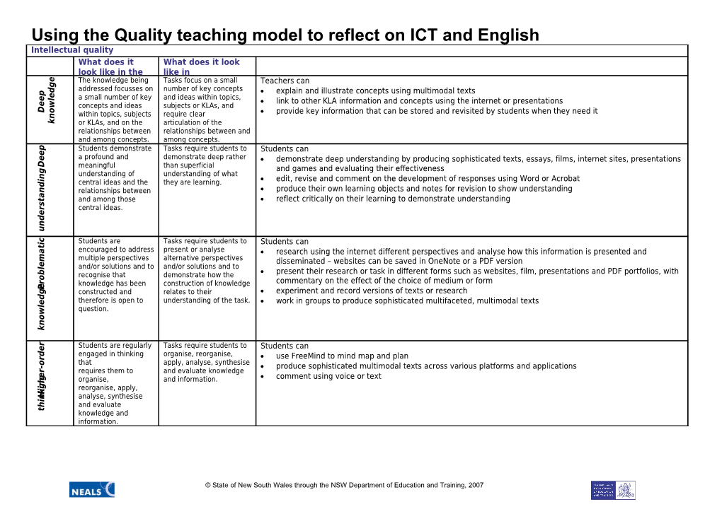 Using the Quality Teaching Model to Reflect on ICT and English