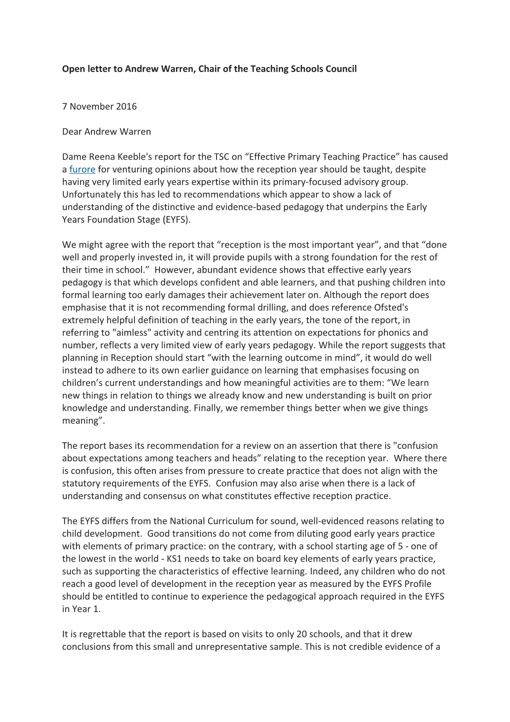 Open Letter to Andrew Warren, Chair of the Teaching Schools Council