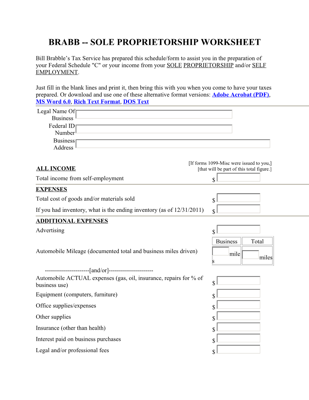 Brabb Sole Proprietorship Worksheet