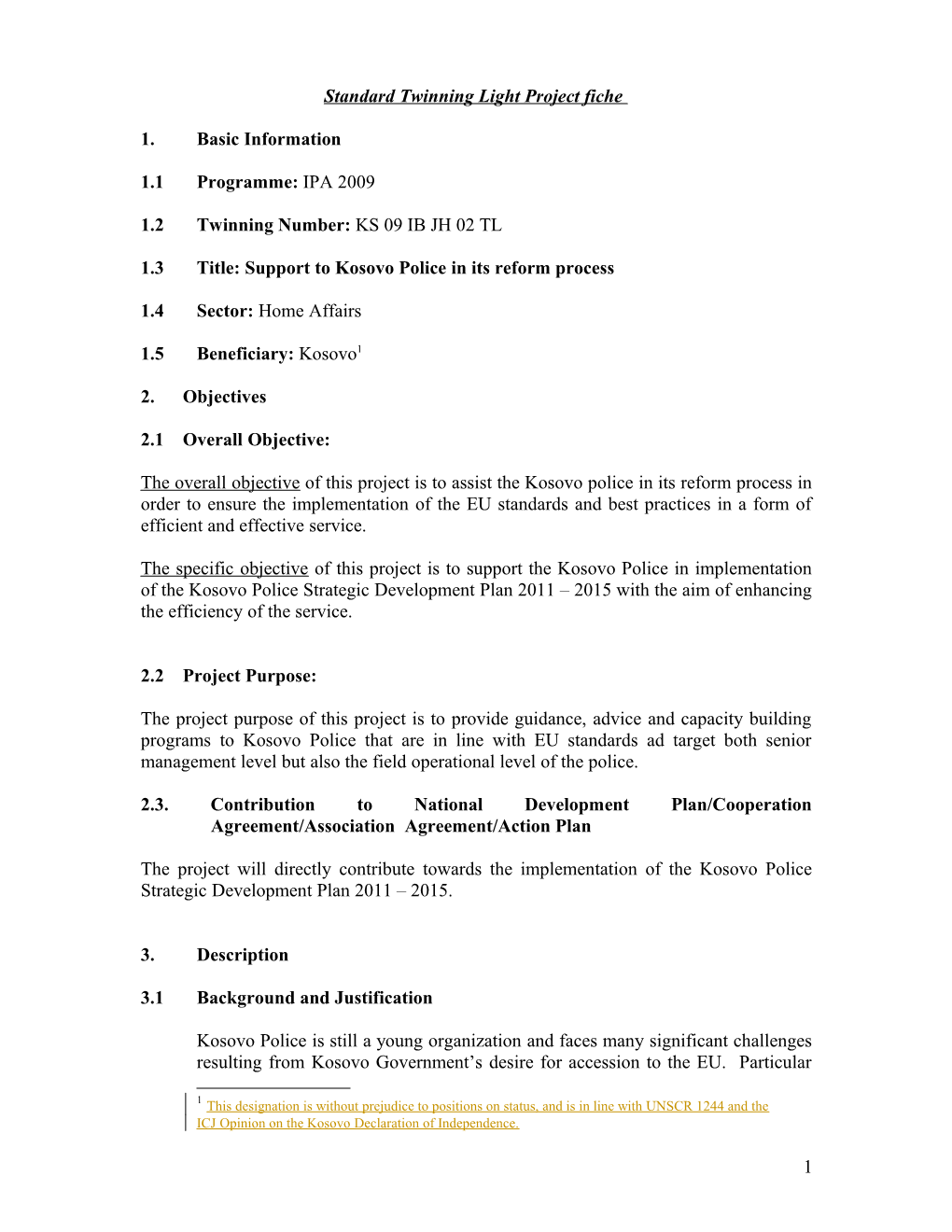 Terms of Reference for a Twinning Light Project Entitled