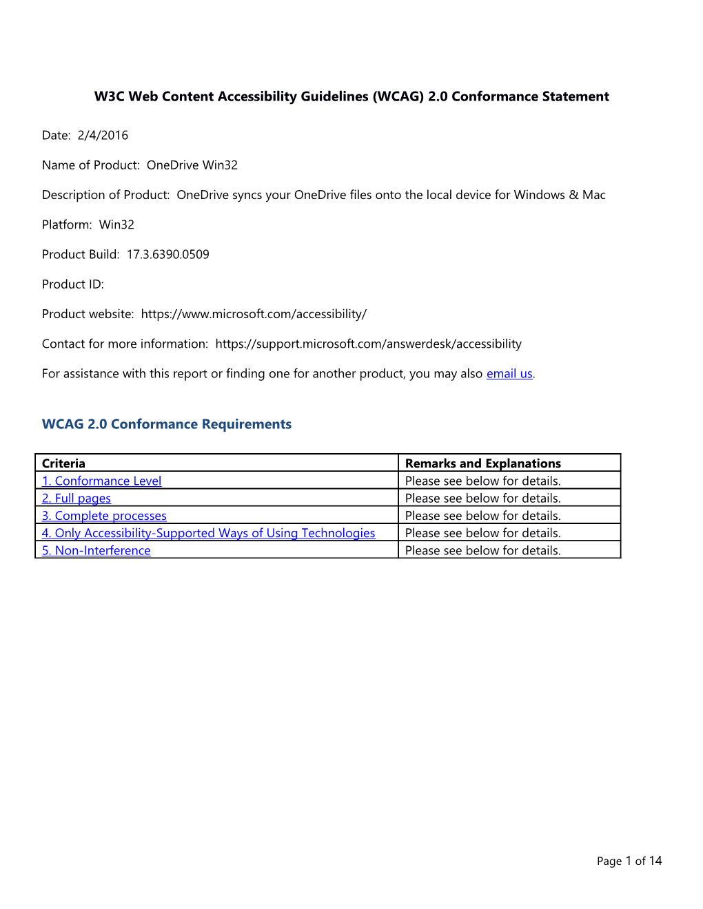 W3C Web Content Accessibility Guidelines (WCAG) 2.0Conformance Statement