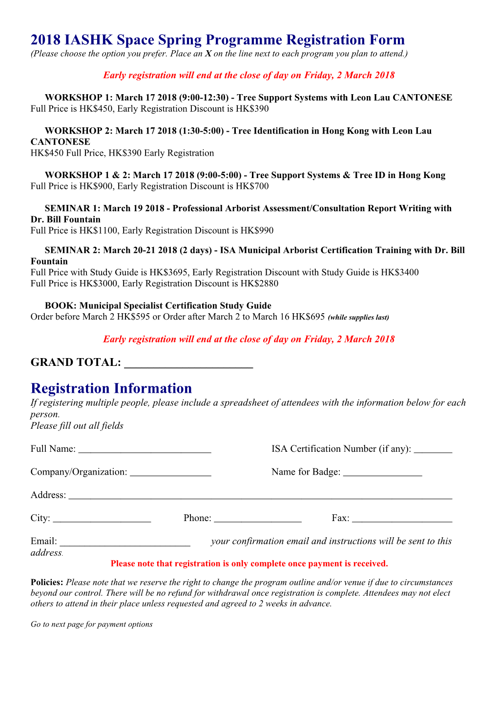 2018 IASHK Space Spring Programme Registration Form