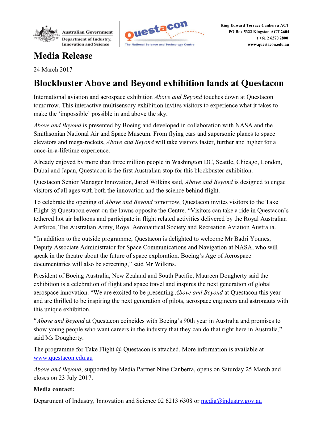 Blockbuster Above and Beyond Exhibition Lands at Questacon