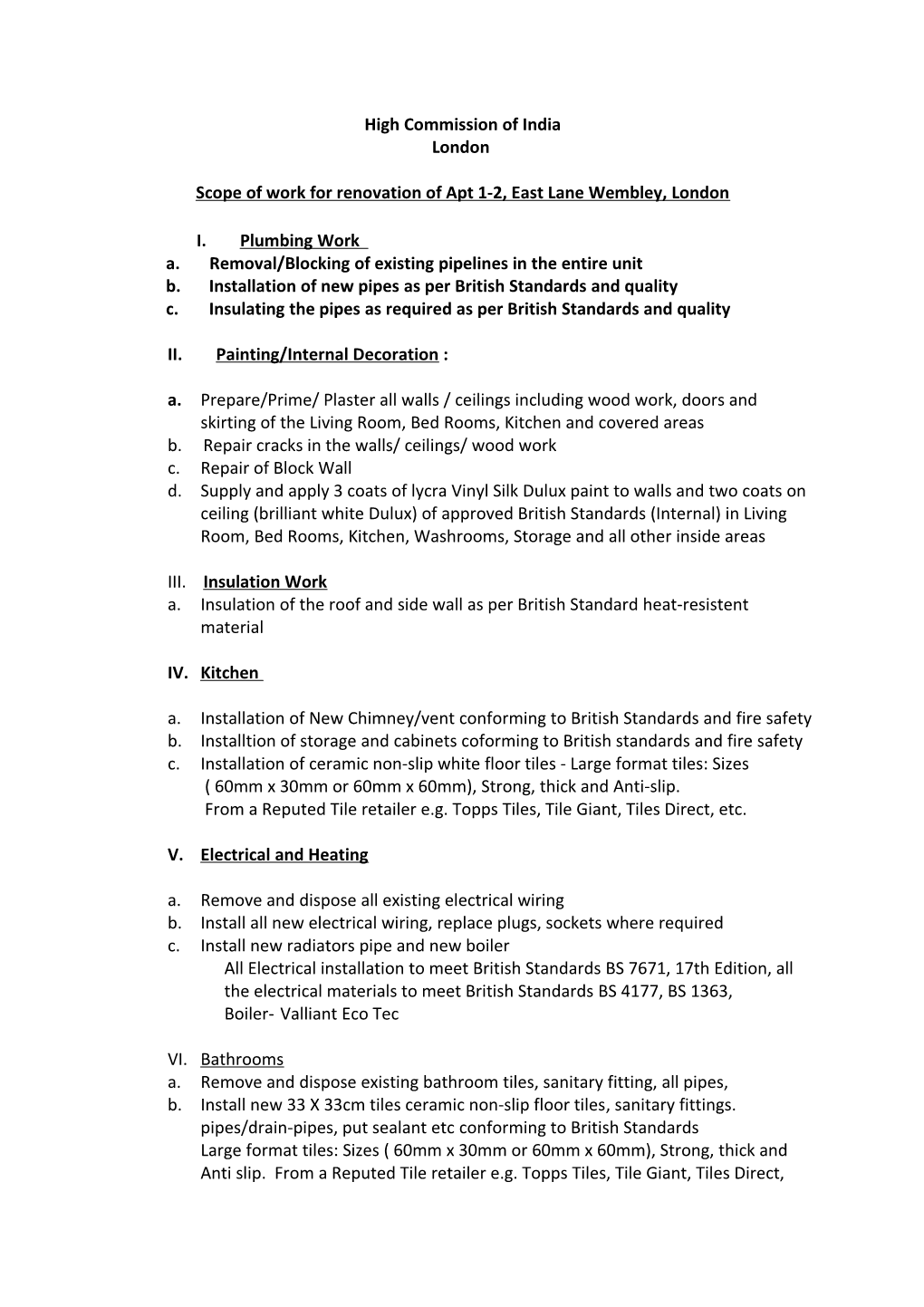 Scope of Work for Renovation of Apt 1-2, East Lane Wembley, London