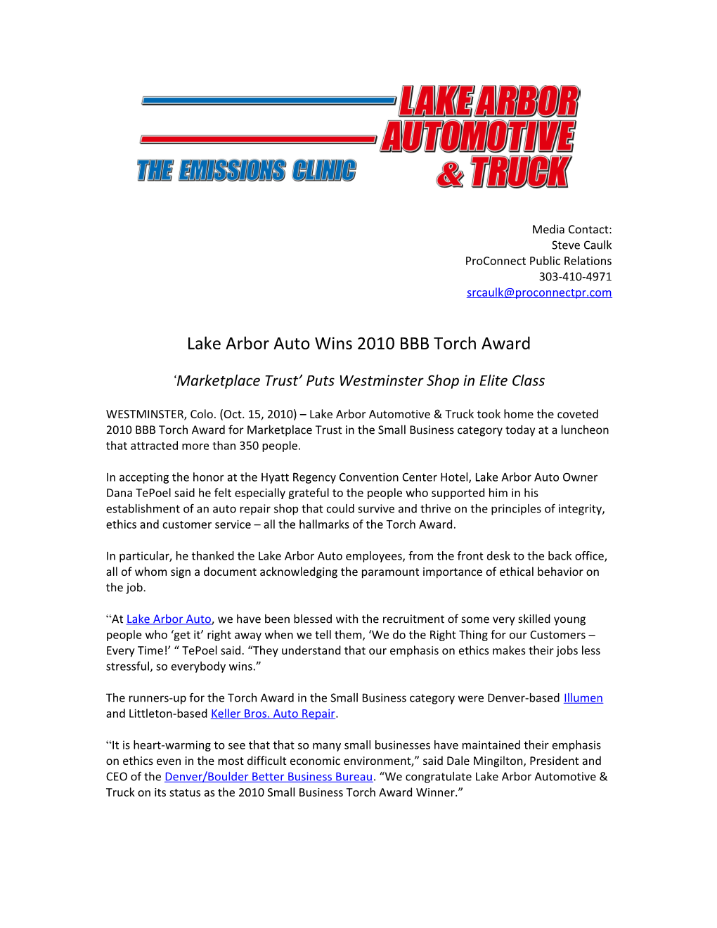 Lake Arbor Auto Wins 2010 BBB Torch Award