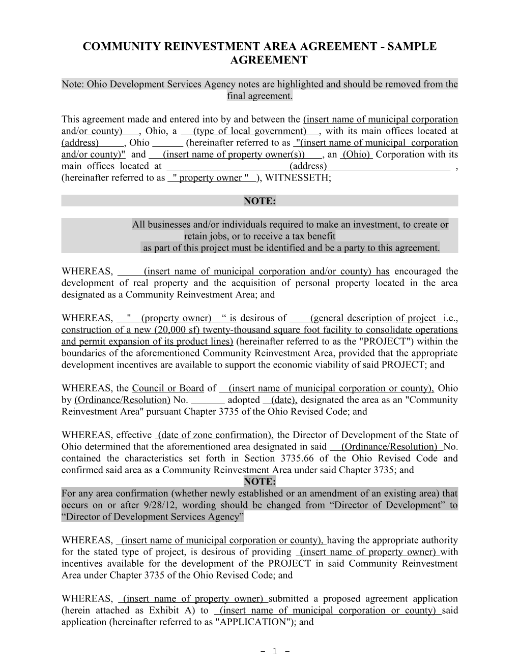 Community Reinvestment Area Agreement - Sample Agreement s1