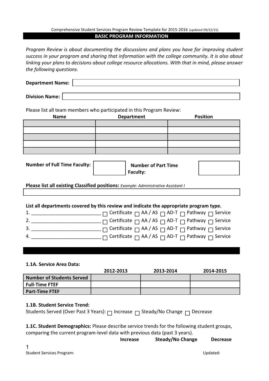 Comprehensive Student Services Program Review Template for 2015-2016 (Updated 09/22/15)