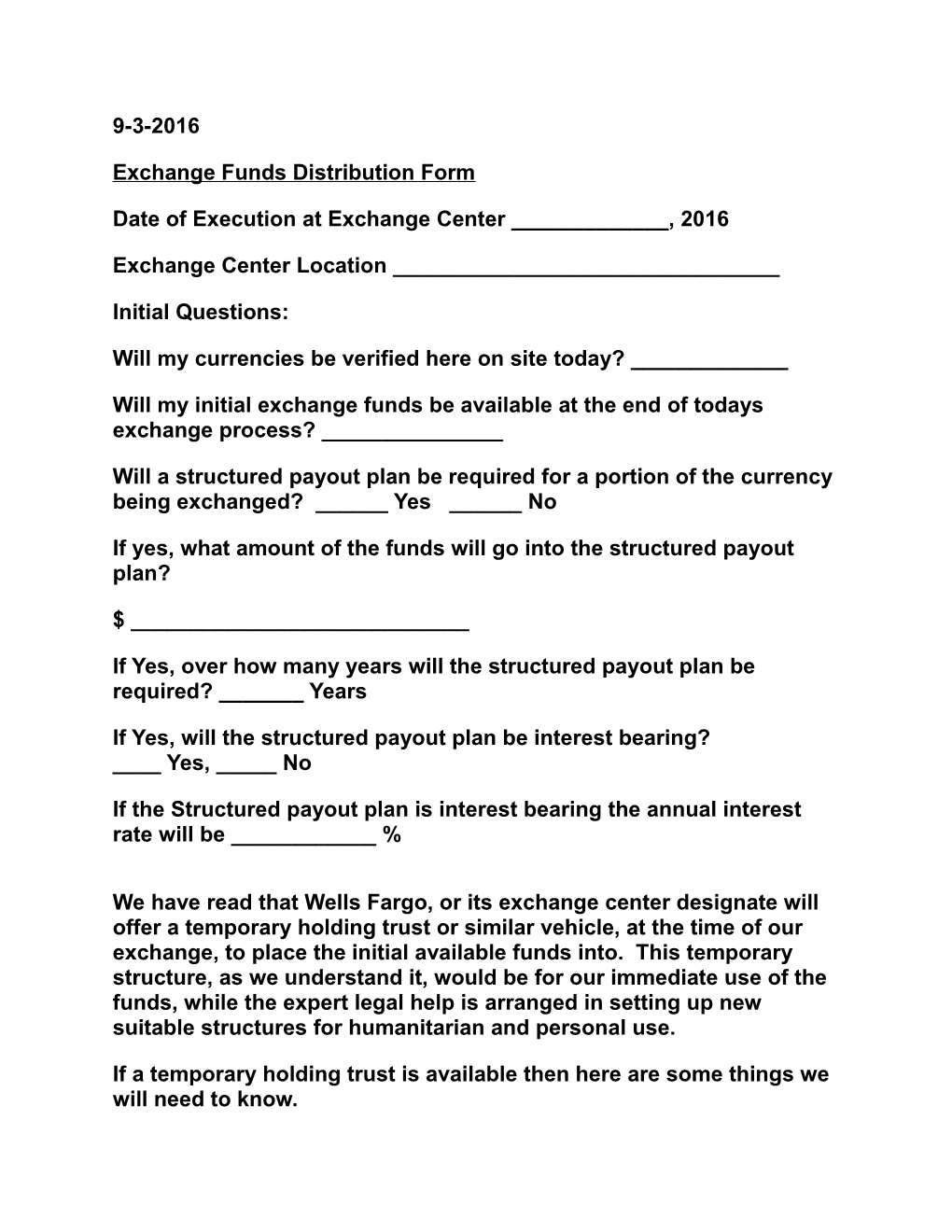 Exchange Funds Distribution Form