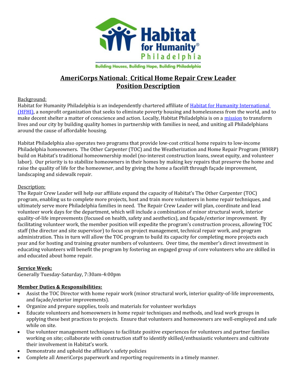 Americorps National: Critical Home Repair Crew Leader