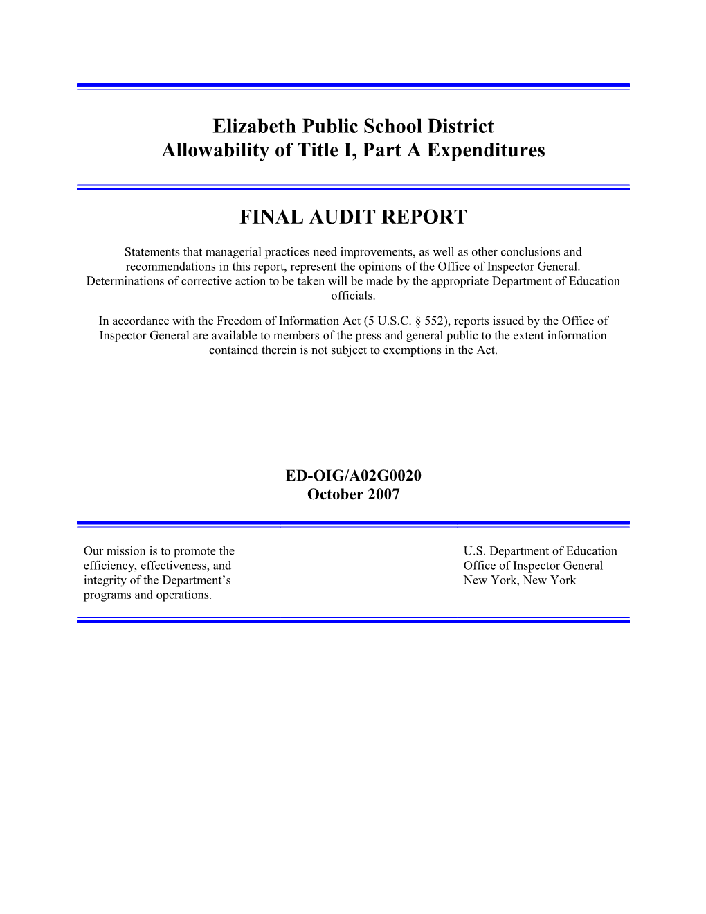 Audit A02G0020 - Elizabeth Public School District Allowability of Title I, Part a Expenditures