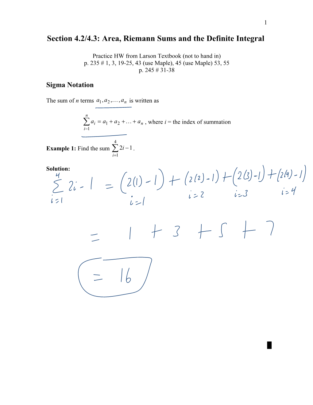 Section 4.2/4.3: Area, Riemann Sums and the Definite Integral