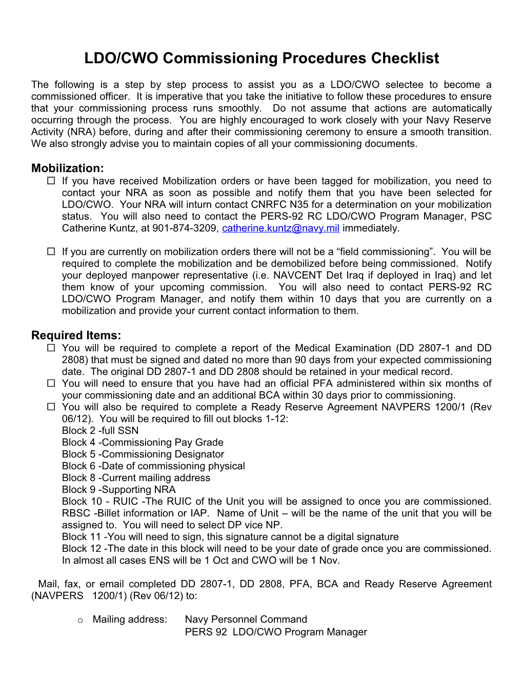 LDO/CWO Commissioning Procedures Checklist