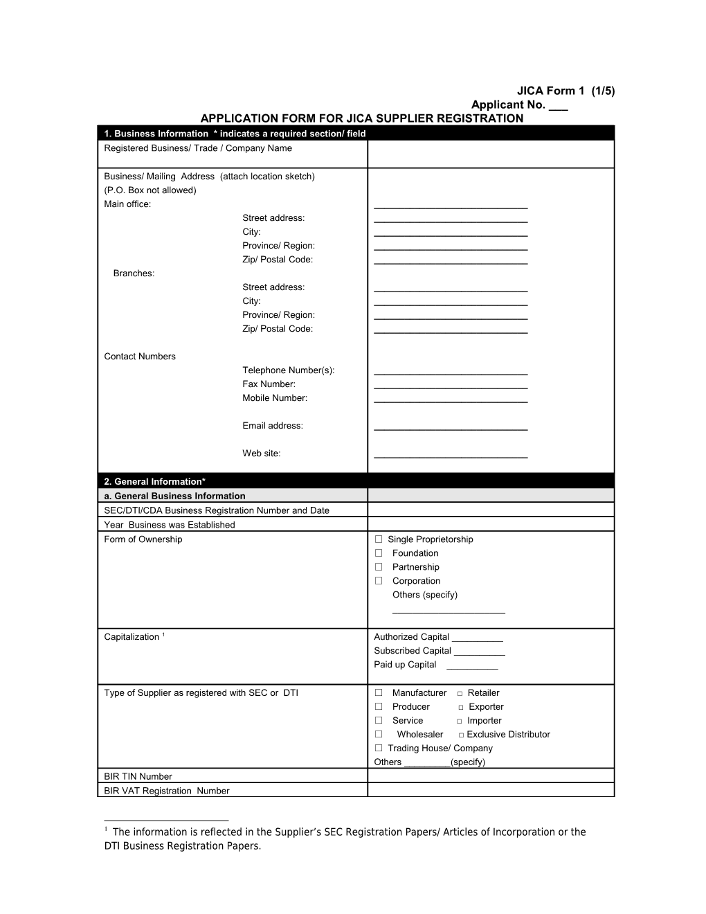 Application Form for Jica Supplier Registration