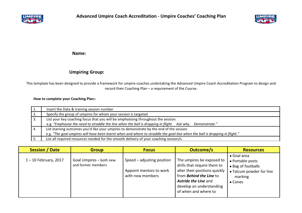 Advanced Umpire Coach Accreditation - Umpire Coaches Coaching Plan