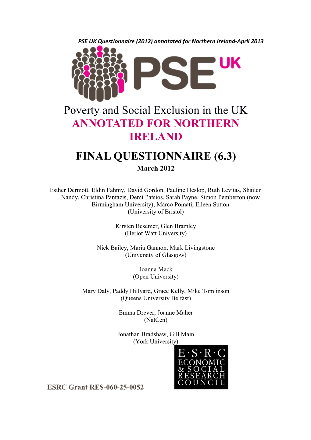PSE UK Questionnaire (2012) Annotated for Northern Ireland-April 2013