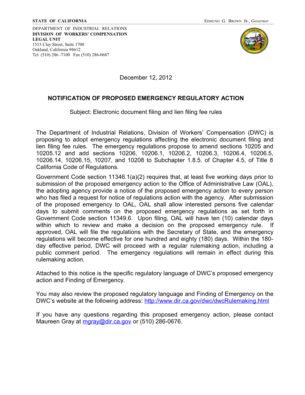 Notification of Proposed Emergency Regulatory Action