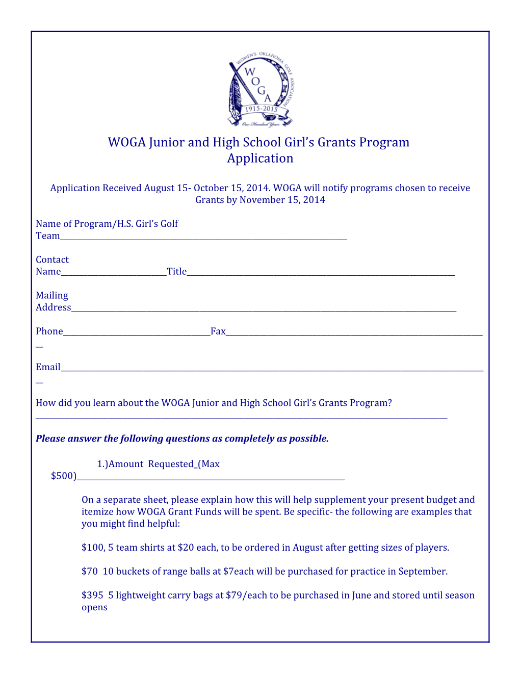 WOGA Junior and High School Girl S Grants Program