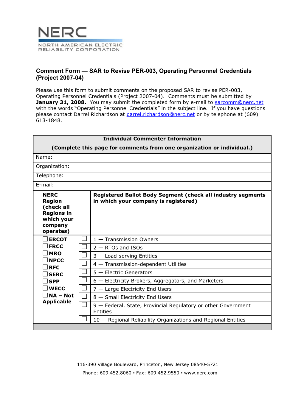 Comment Form Certifying System Operators SAR (Project 2007-04)