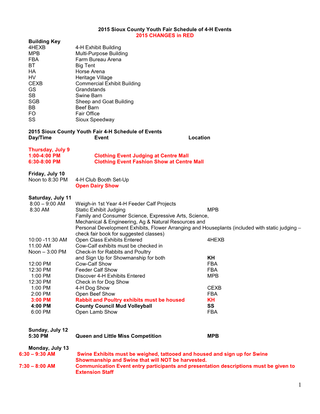 2015 Sioux County Youth Fair Schedule of 4-H Events