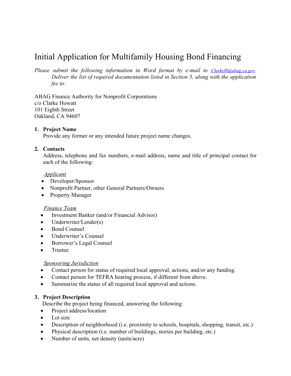 Initial Application for Affordable Housing Project