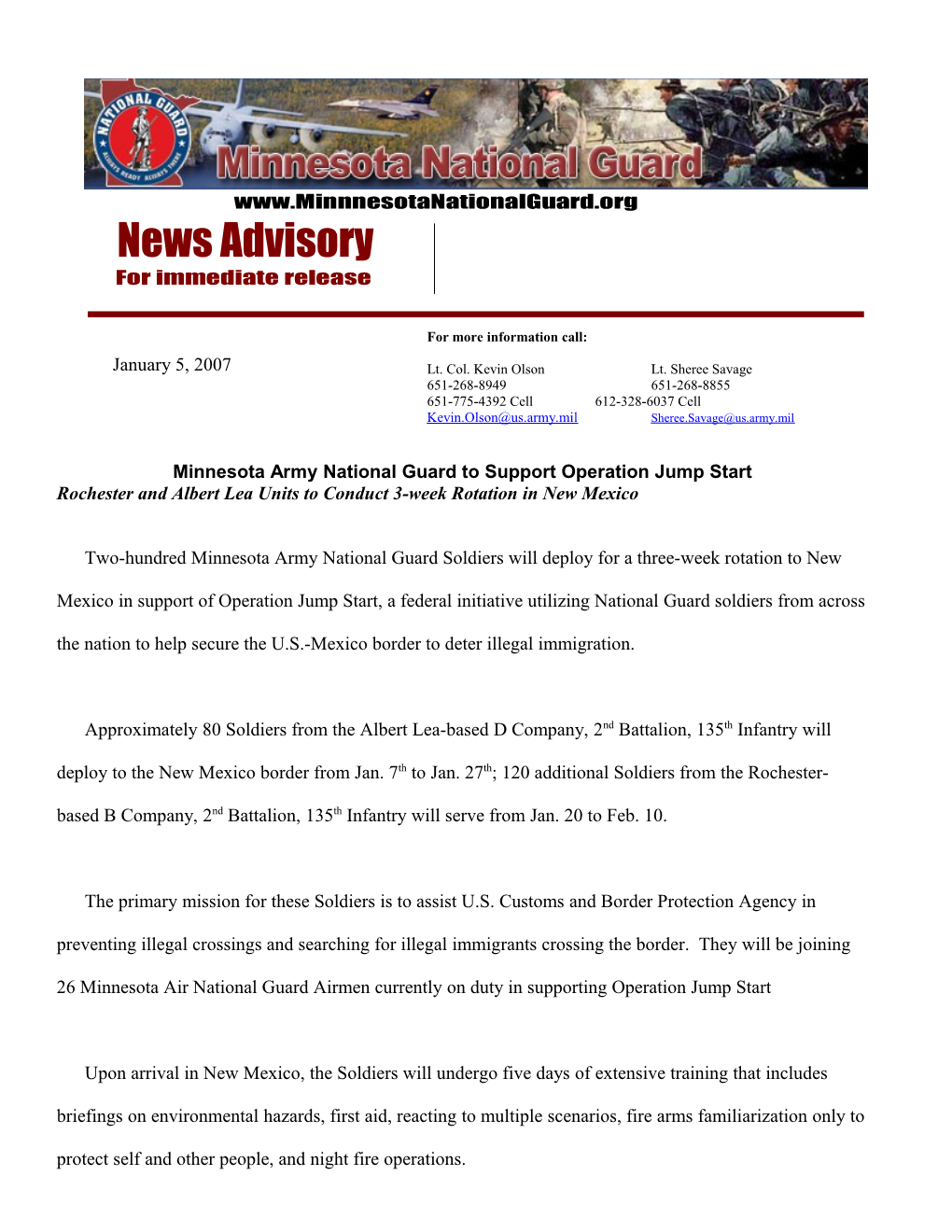 Minnesota Army National Guard to Support Operation Jump Start