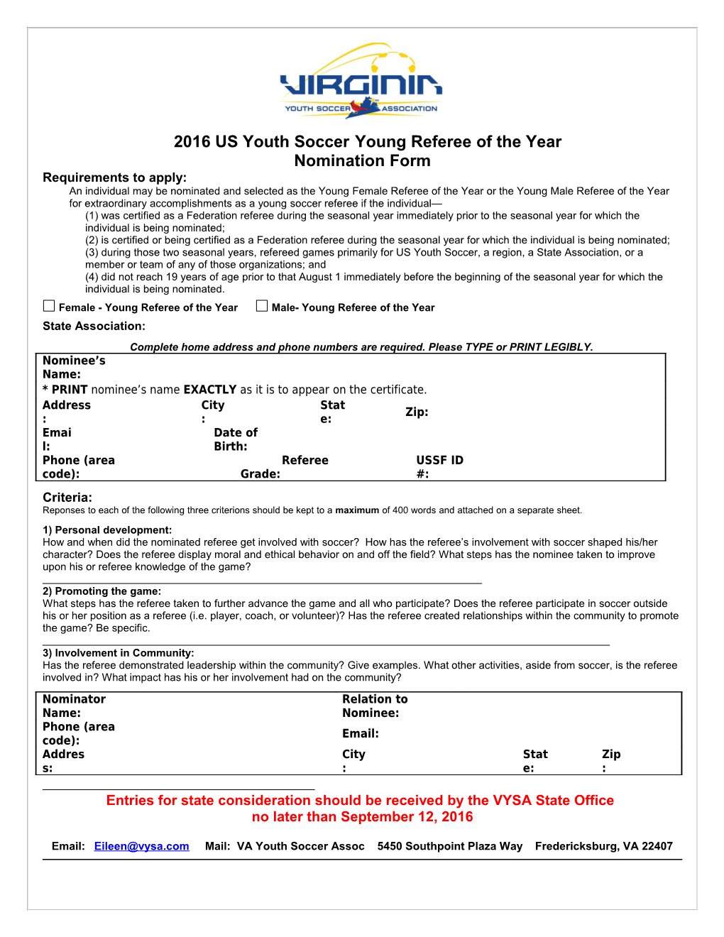 2016 US Youth Soccer Young Referee of the Year