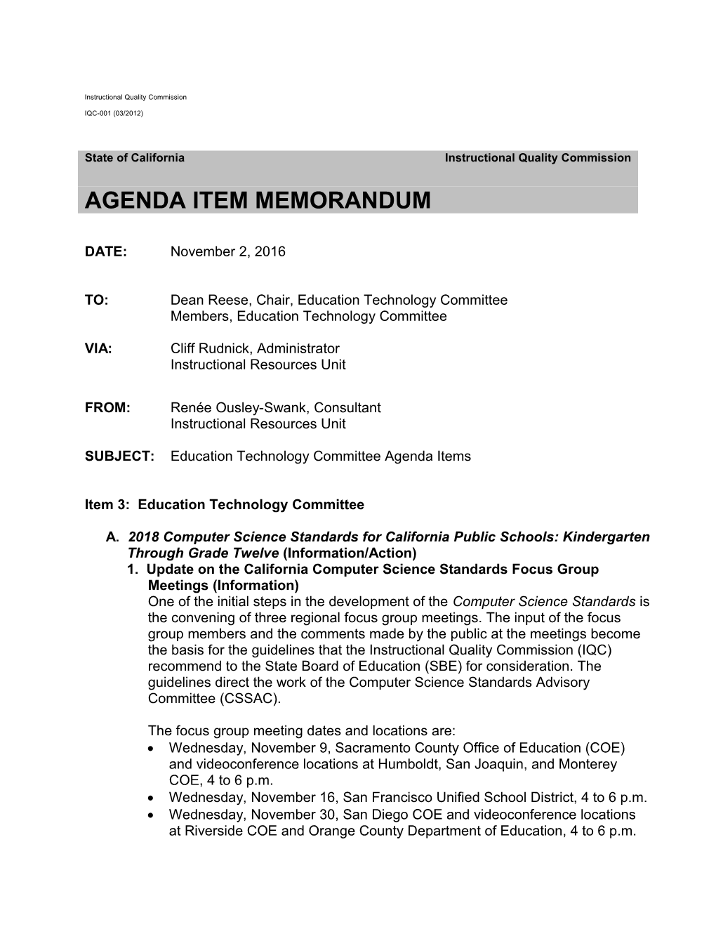 Education Tech Agenda Memo 2016 -Instructional Quality Commission (CA Dept of Education)