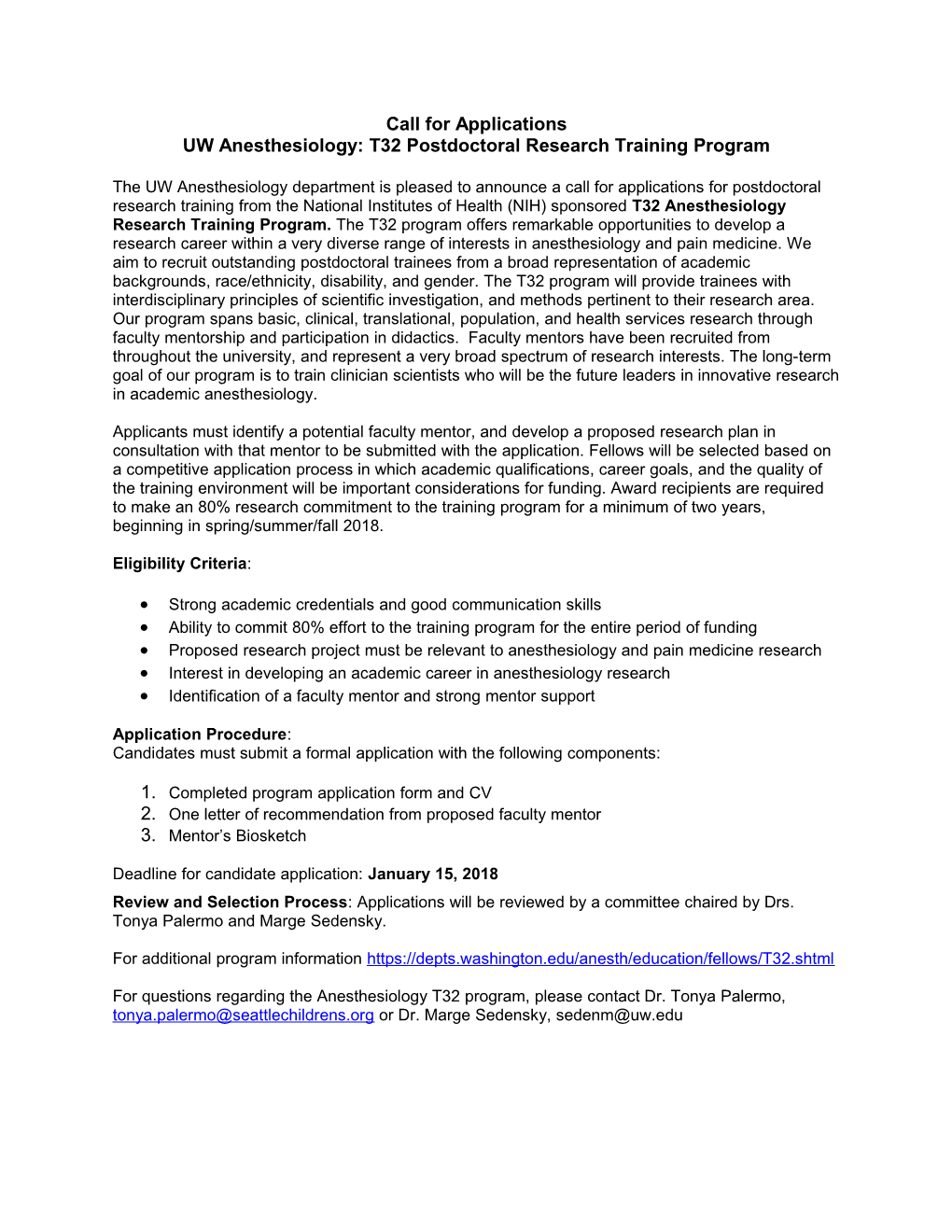 UW Anesthesiology: T32 Postdoctoral Research Training Program