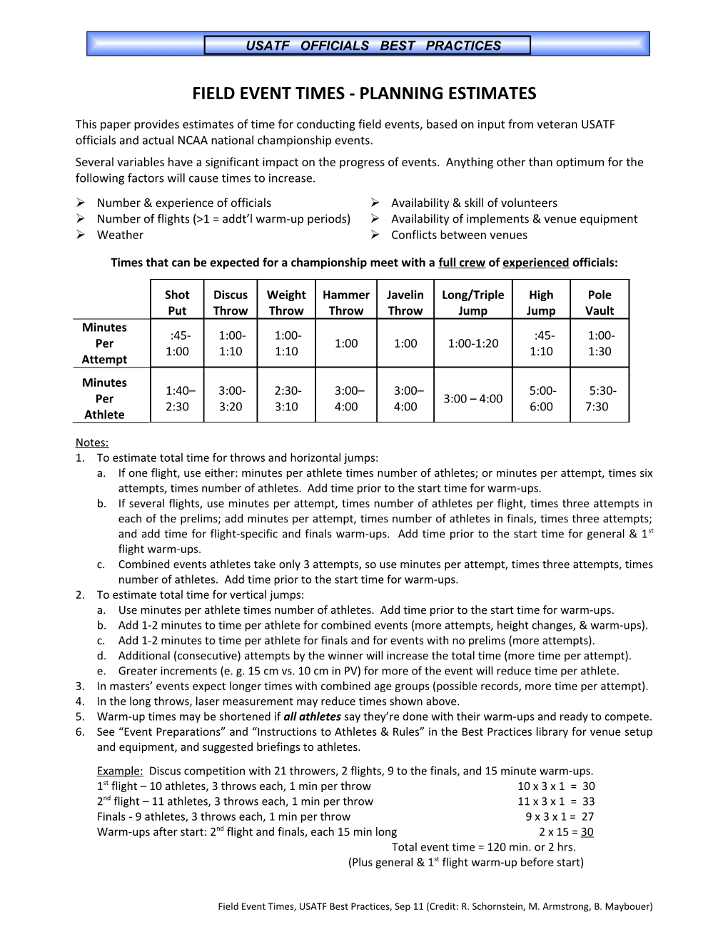 Field Event Times - Planning Estimates