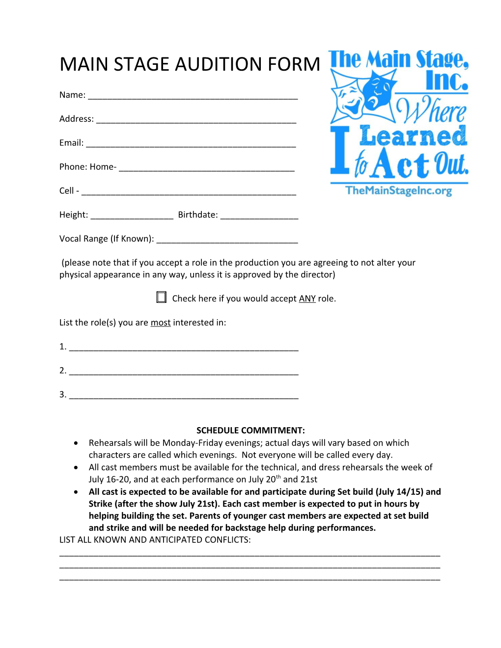 Main Stage Audition Form