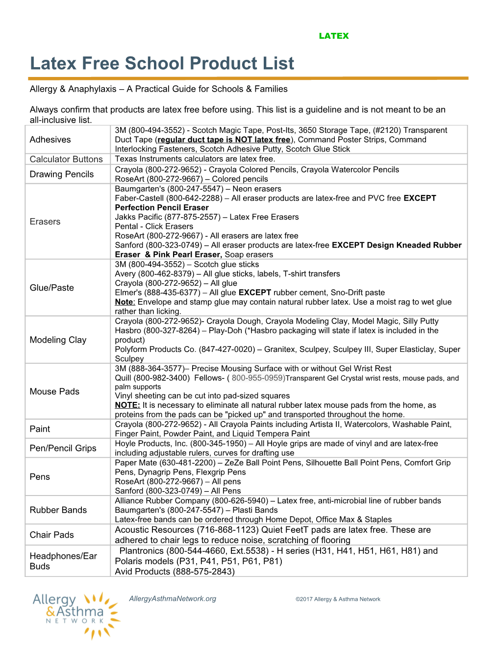 Latex Free School Product List