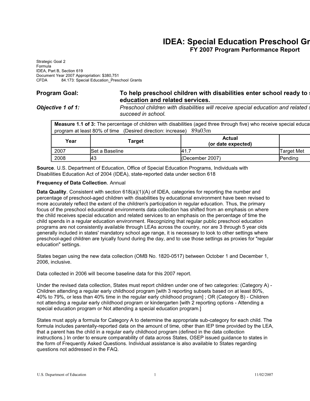 Special Education Preschool Grants FY 2007 Program Performance Report (MS Word)