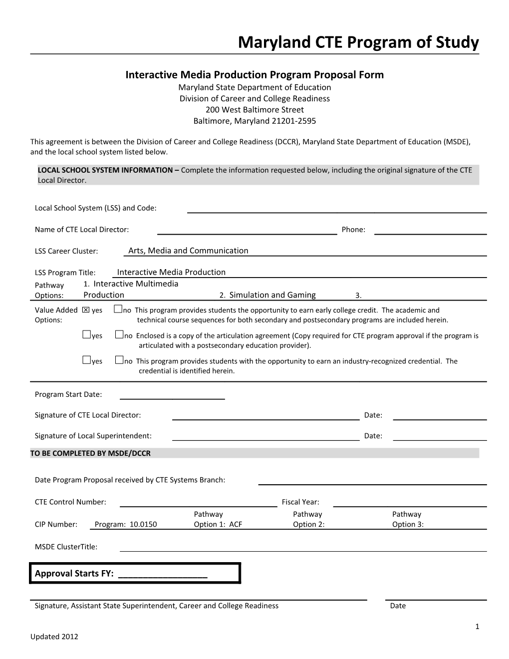 Interactive Media Production Program Proposal Form