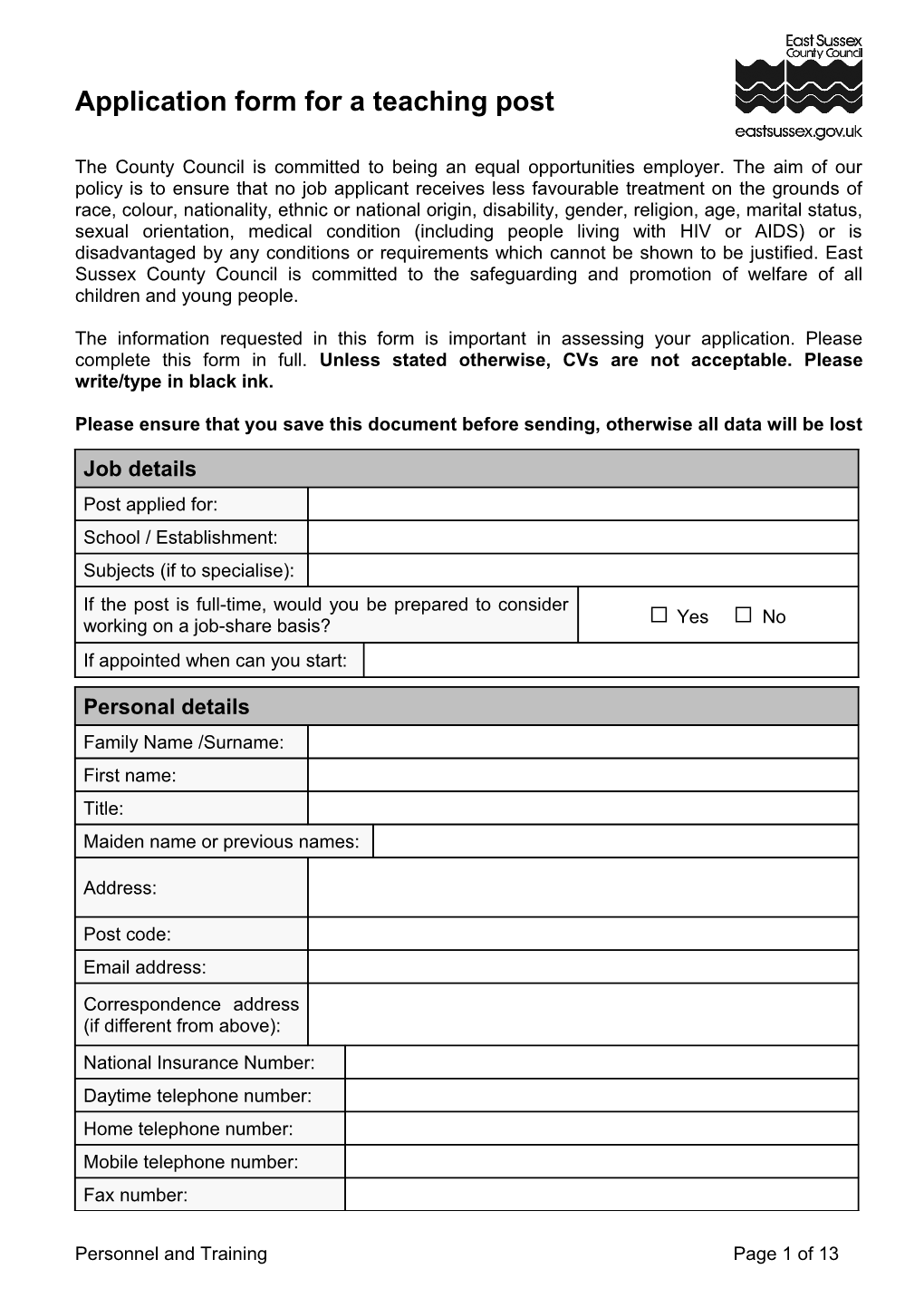 Application Form for a Teaching Post