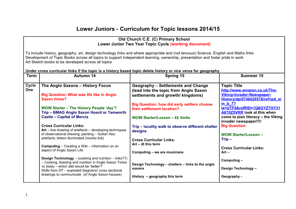 Lower Juniors - Curriculum for Topic Lessons 2014/15