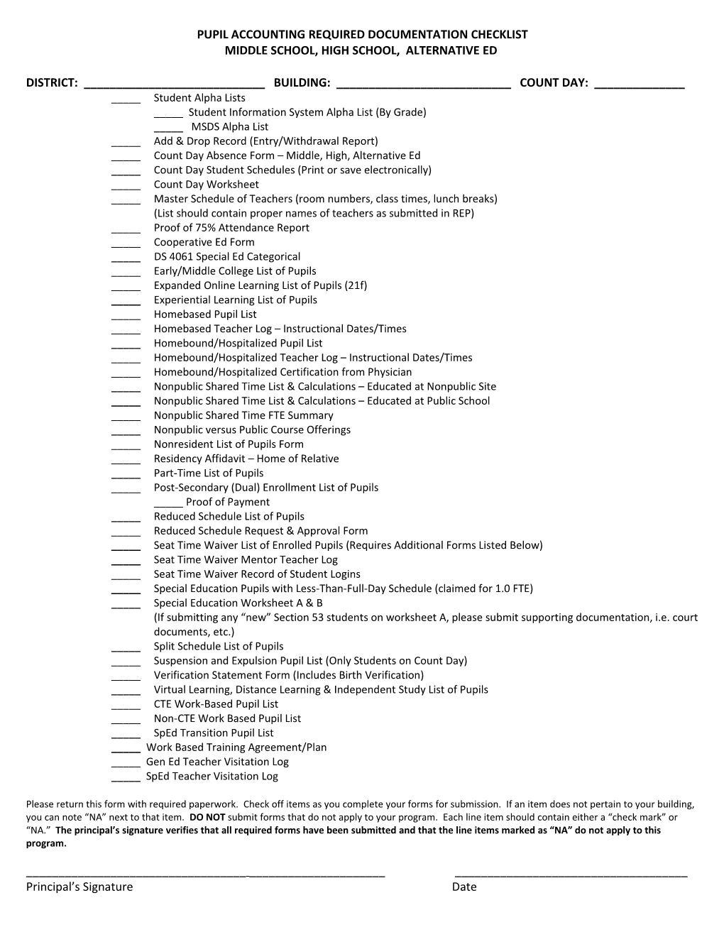 Pupil Accounting Required Documentation Checklist