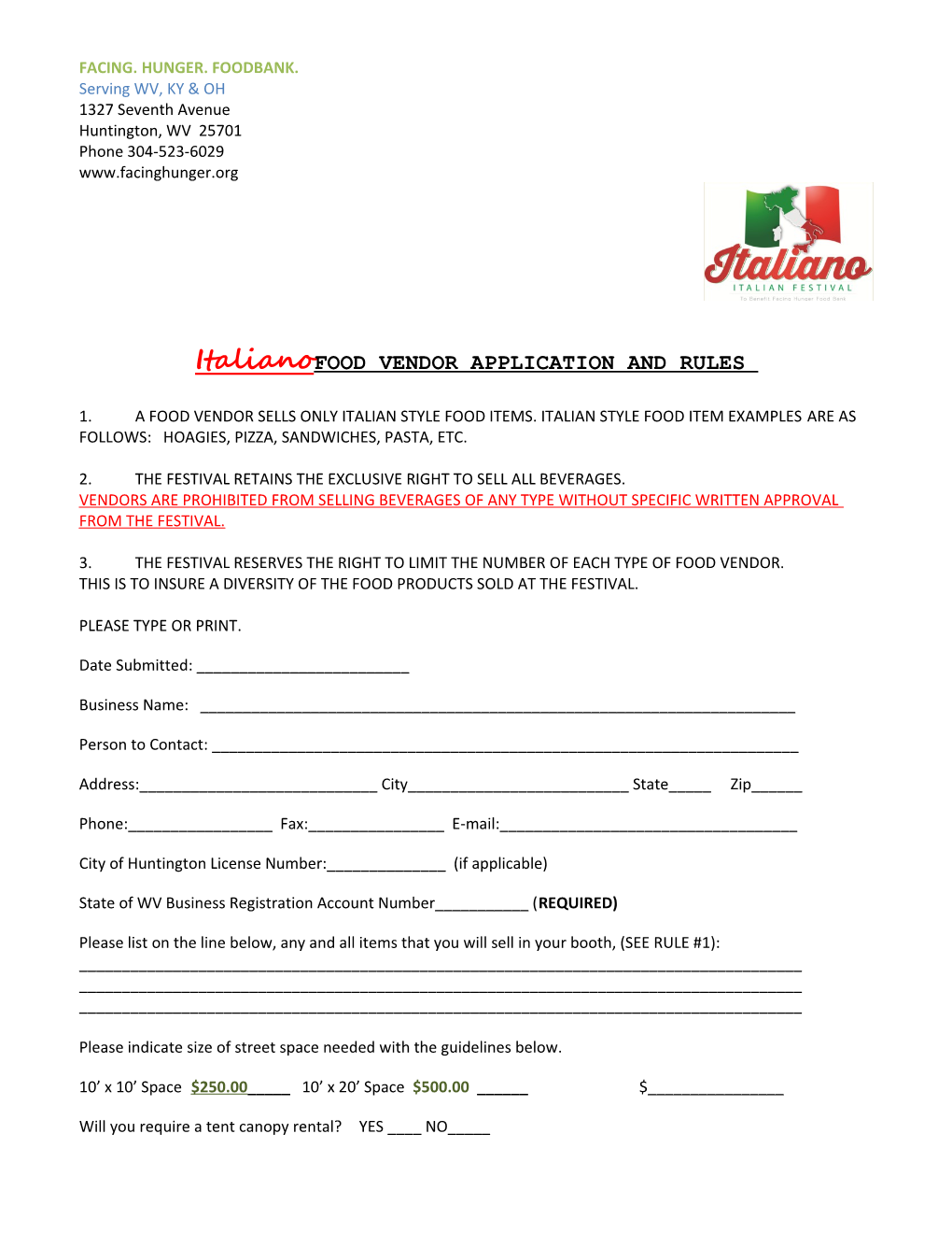 Italianofood VENDOR APPLICATION and RULES