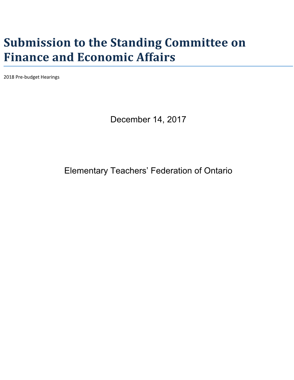 Submission to the Standing Committee on Finance and Economic Affairs