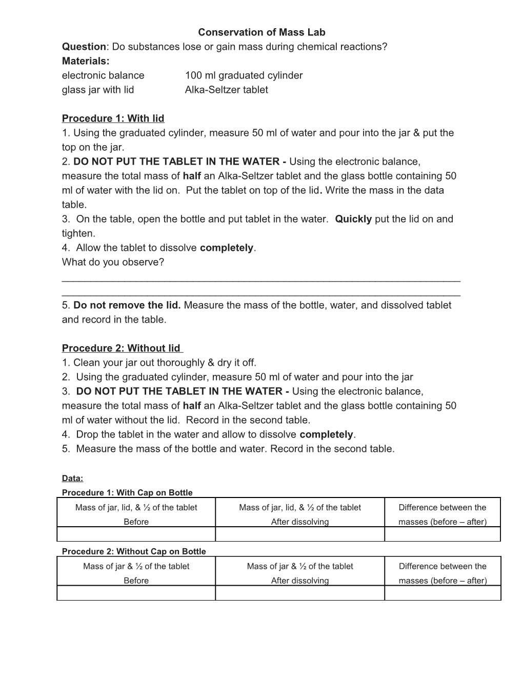 Conservation of Mass Lab s1