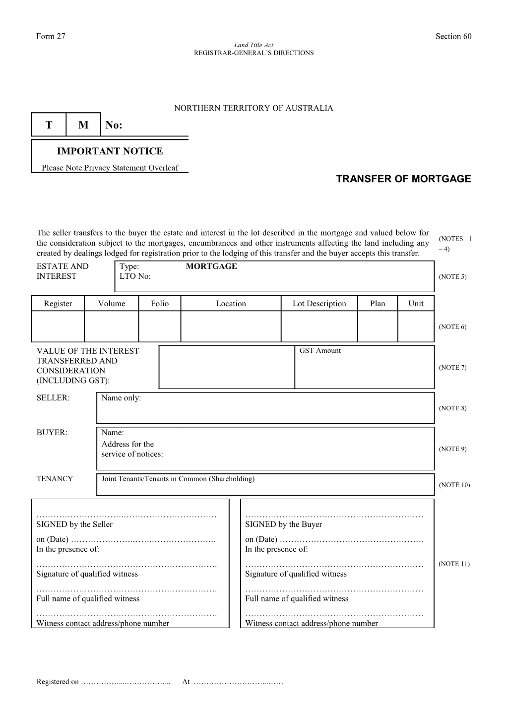 Form No. 27 - Transfer of Mortgage