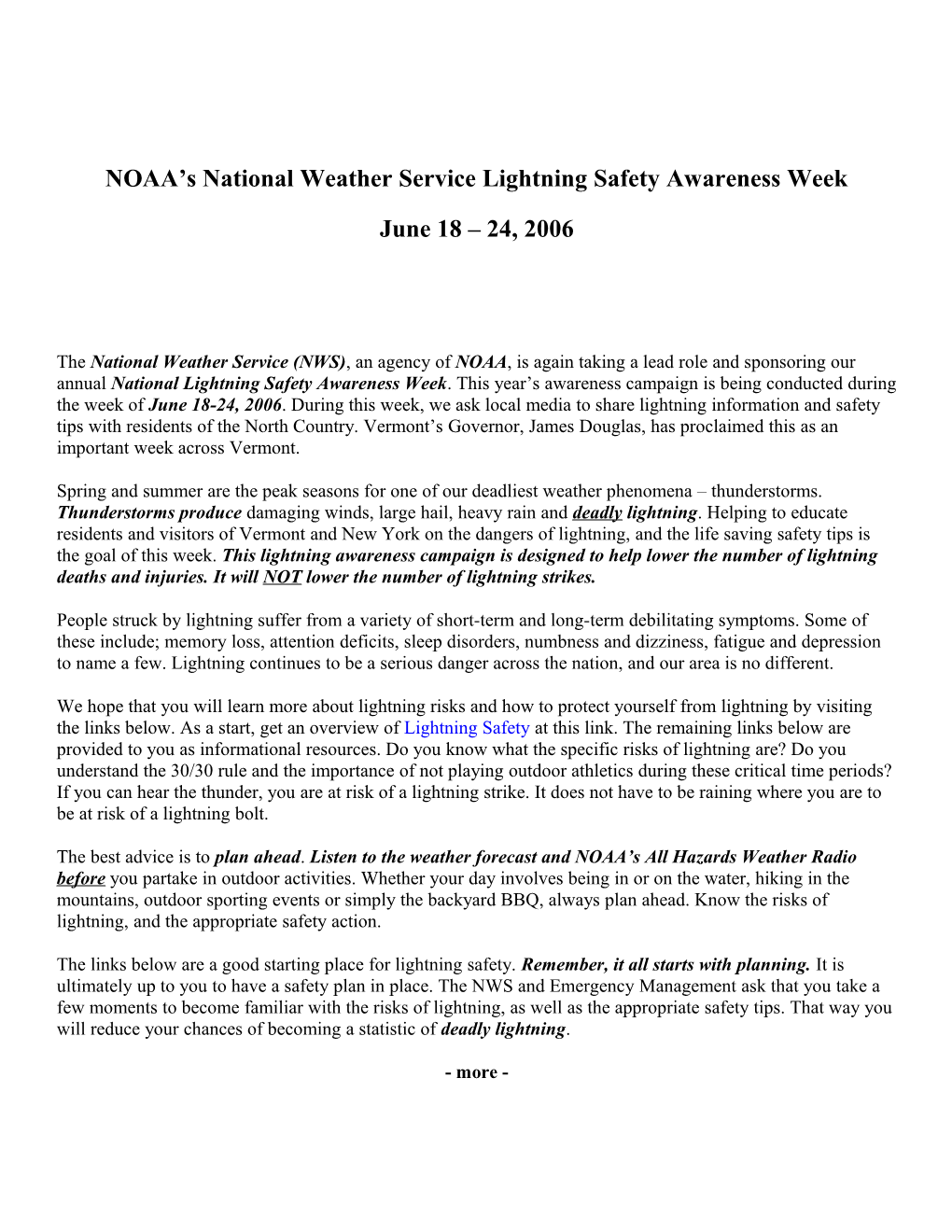 NOAA S National Weather Service Lightning Safety Awareness Week