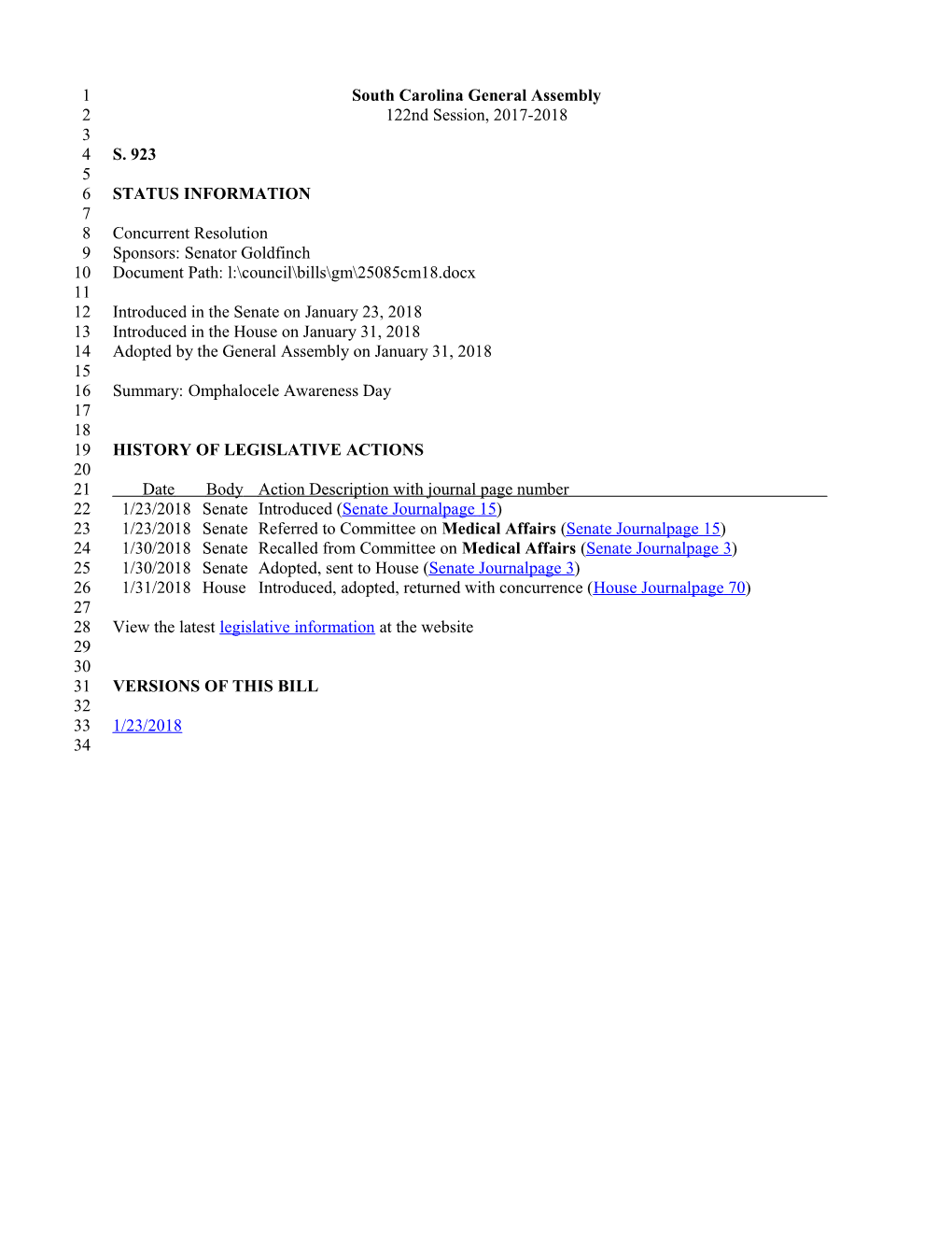 2017-2018 Bill 923: Omphalocele Awareness Day - South Carolina Legislature Online