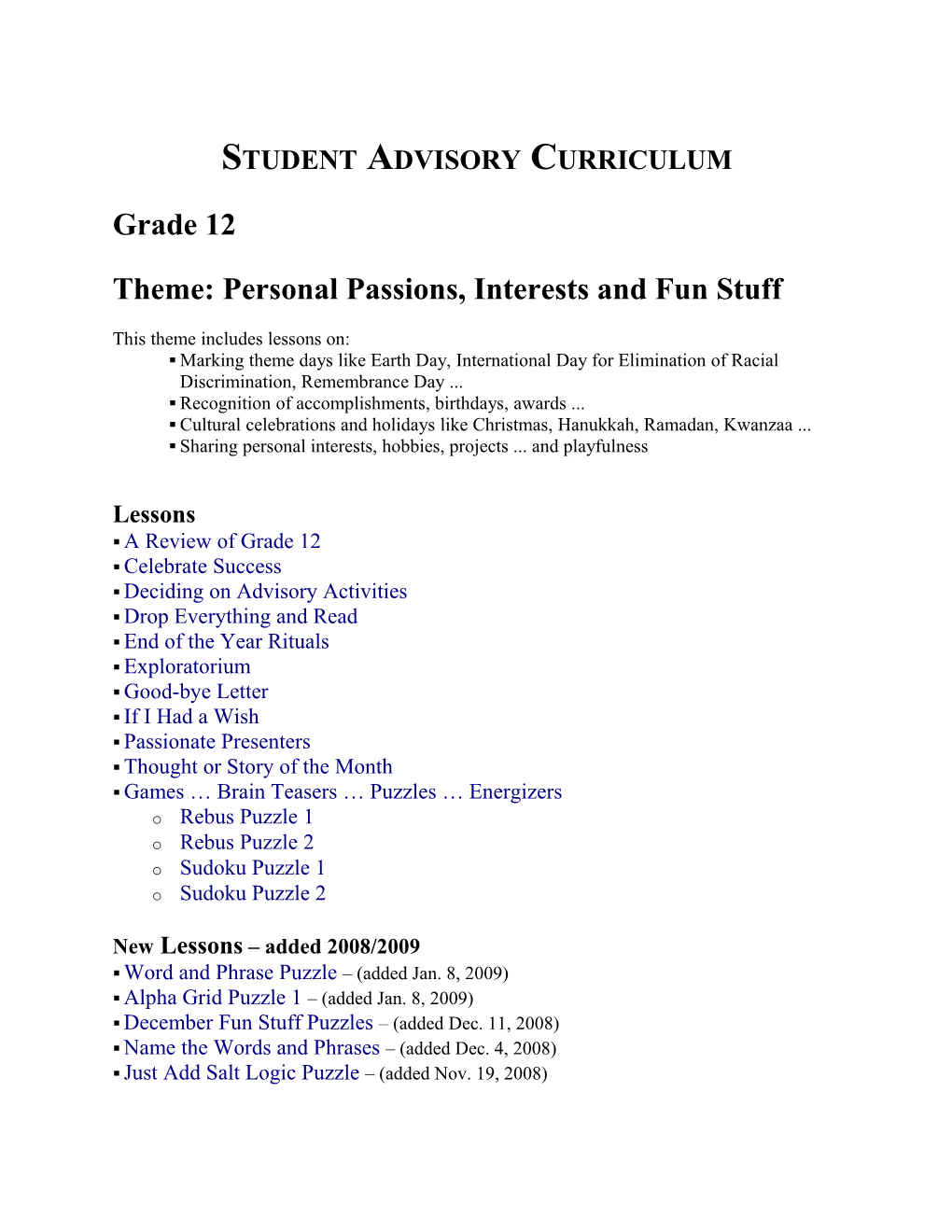 Student Advisory Curriculum