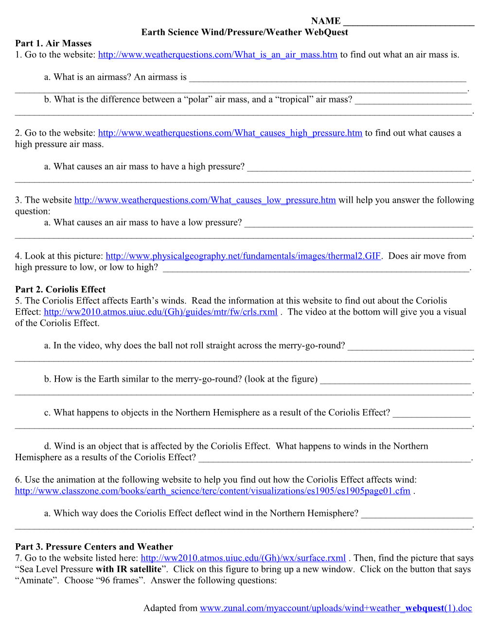 Earth Science Wind/Pressure/Weather Webquest s1