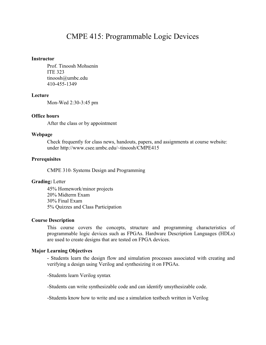 CMPE 415: Programmable Logic Devices