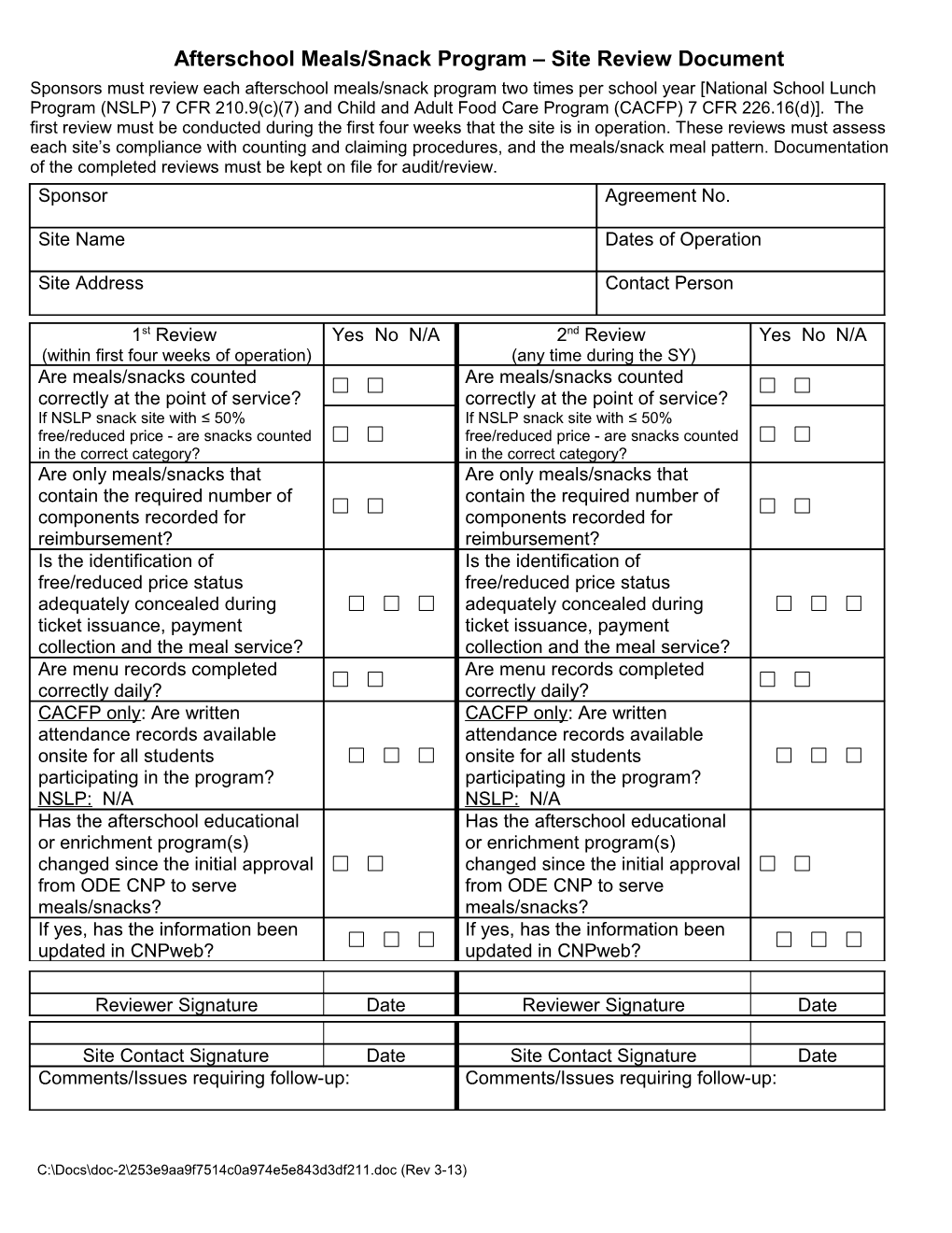 Site Review Form for Snacks in After School Care Programs