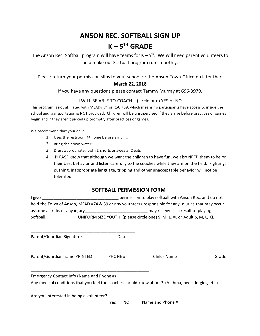 Anson Rec. Softball Sign Up