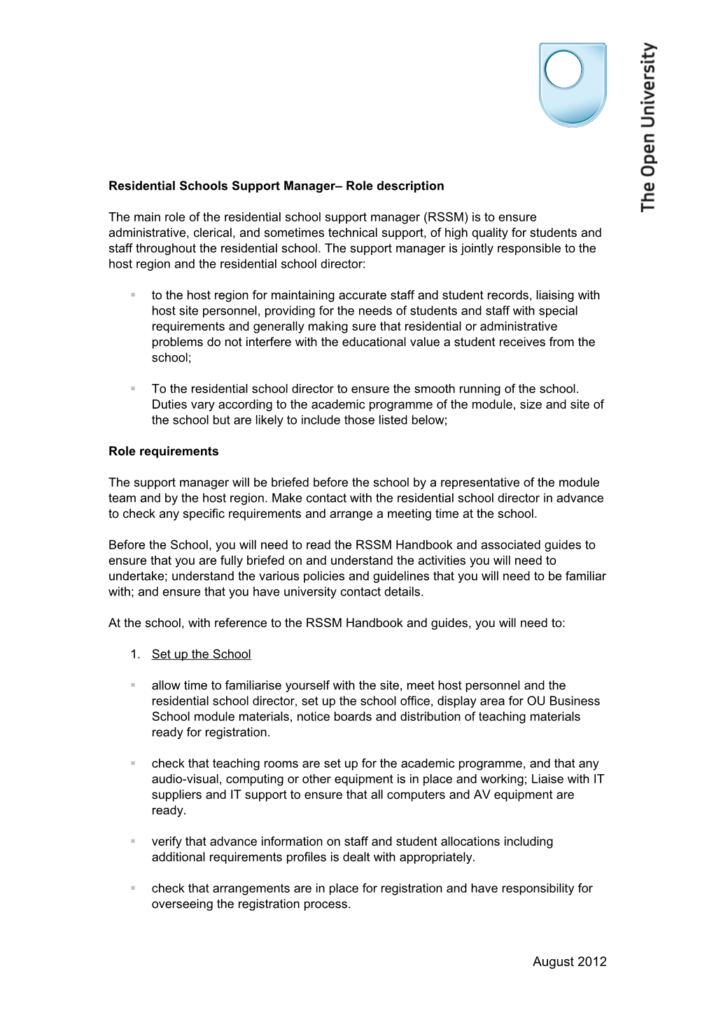 Residential Schools Support Manager Role Description