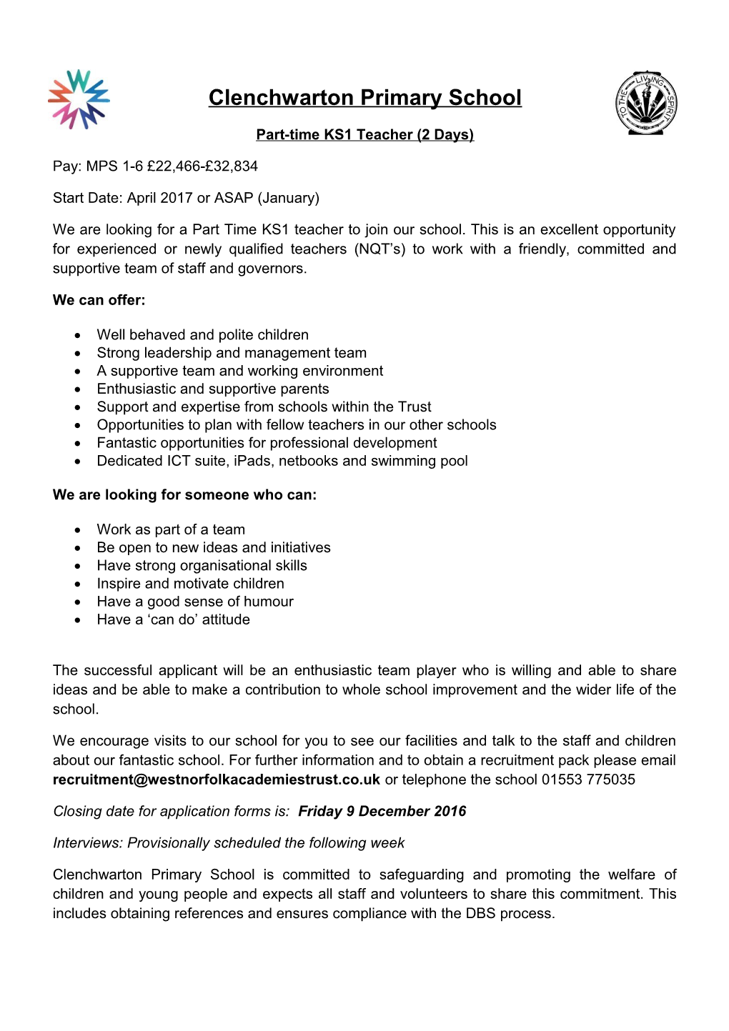 Part-Time KS1 Teacher (2 Days)