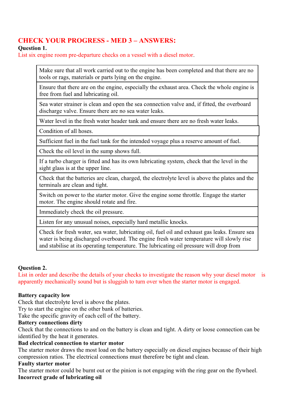 Sample Assessment - Marine Engine Drivers 3 Answers